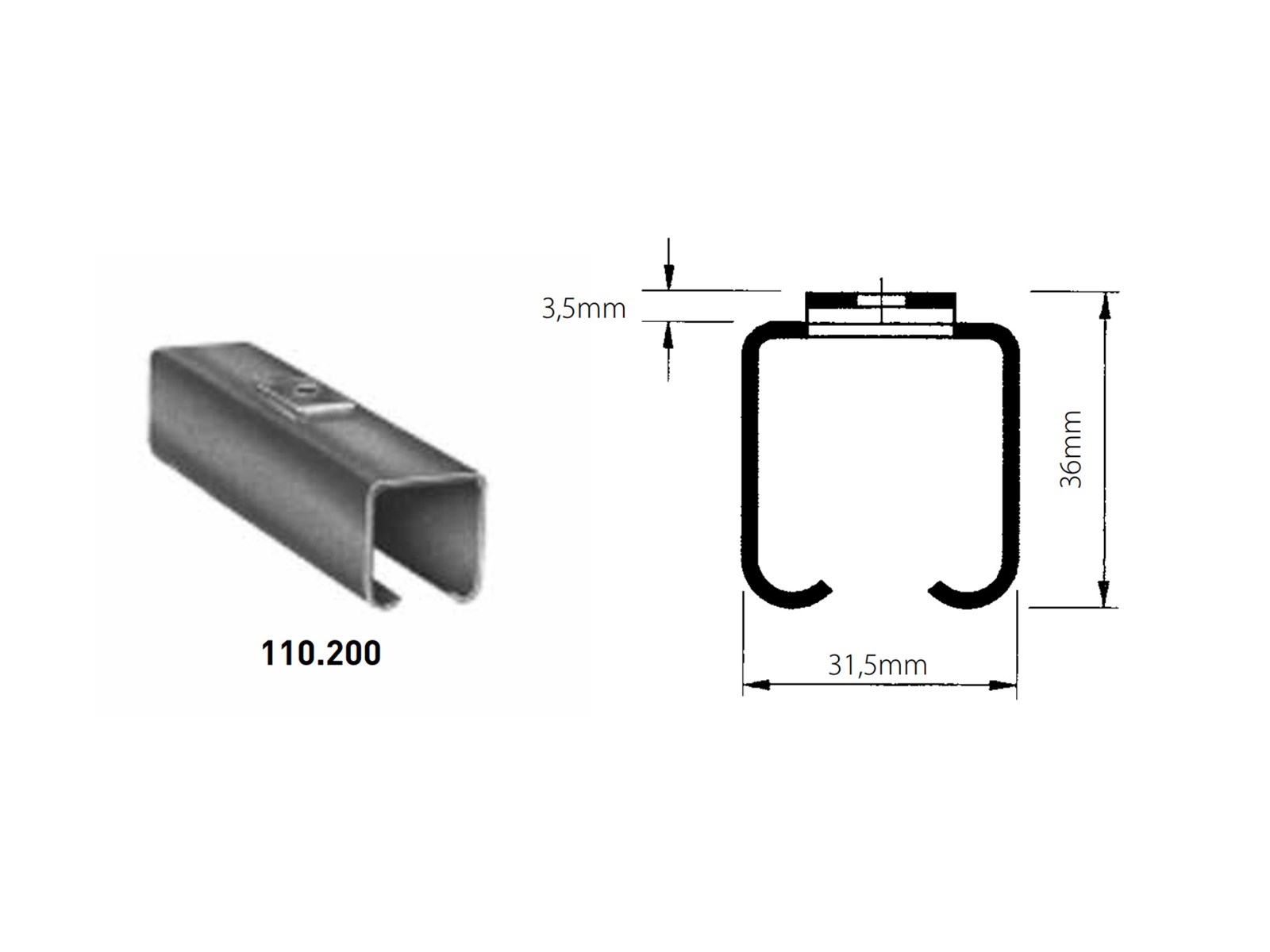 ROB loopprofiel (rail), 110.200, tbv. plafondmontage, 6000mm
